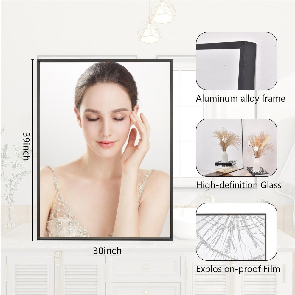 Easly Rectangular Aluminum Alloy Framed Mirror, Black, 30x39