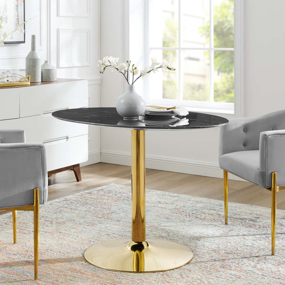 42" Dining Table, Round, Black Gold, Artificial Marble, Modern, Mid Century