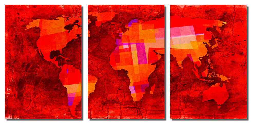 Dark Red World Map Hd Metal Print Wall Art 3 Panel Split Triptych
