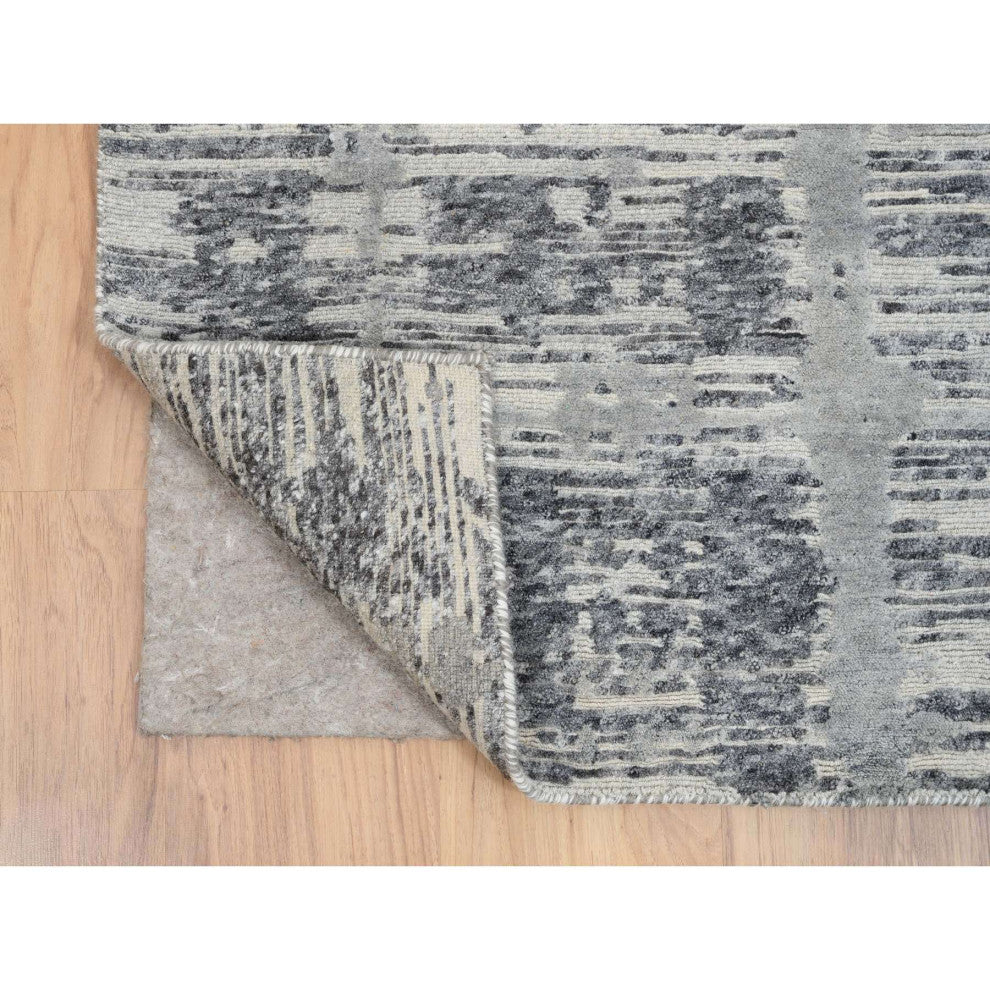 Gray Hand Spun Undyed Wool Modern Hand Knotted Wide Runner Rug, 4'1"x12'0"