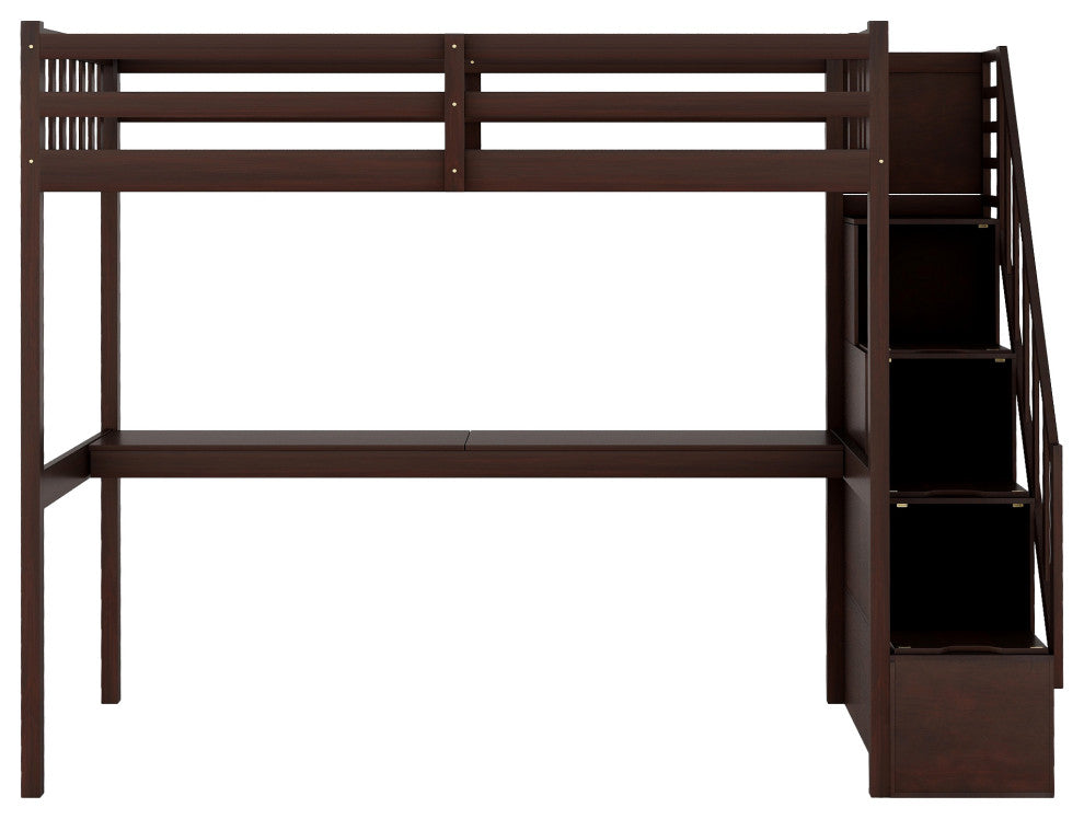 Gewnee Twin Size Loft Bed with Staircase and Built-in Desk in Espresso