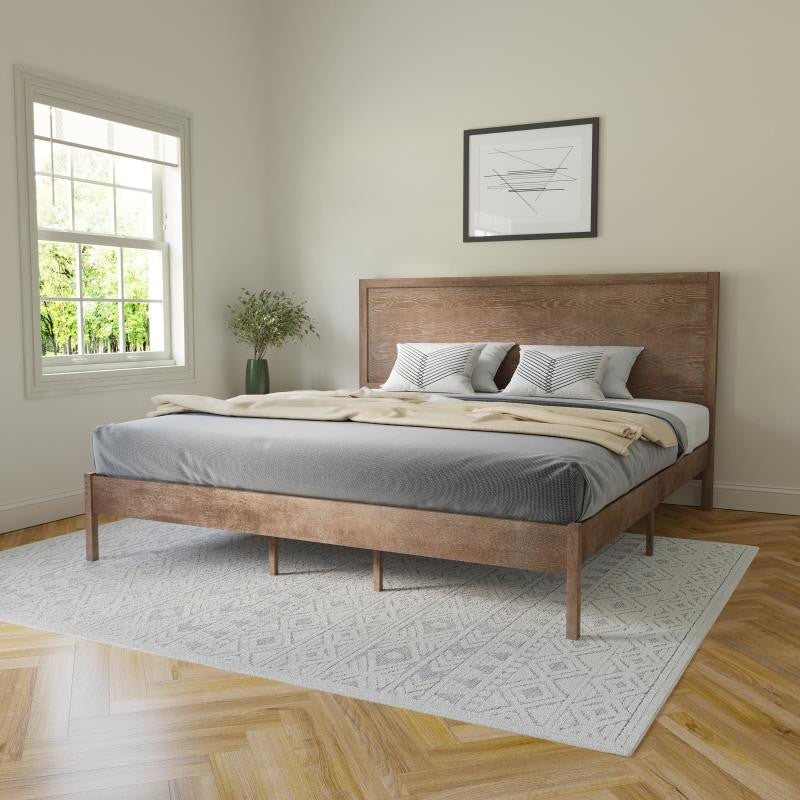 Asher Solid Wood Platform Bed with Wooden Slats and Headboard, Light Brown, King