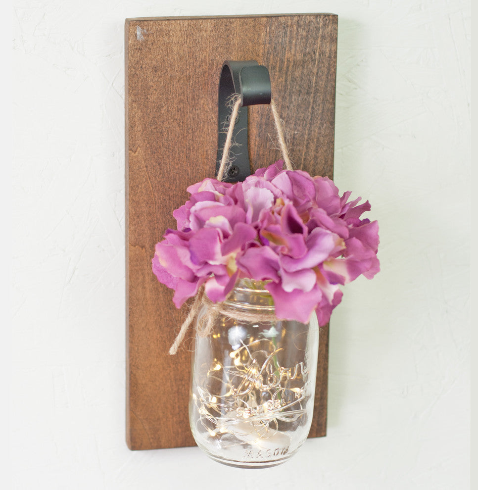 Mason Jar Sconce Wall Decor Walnut Color Purple Flower Wide Hook with Lighting