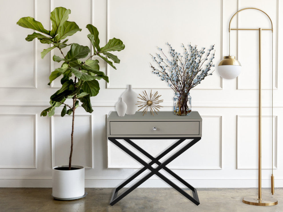 Koda Wooden Side Table Nightstand, Glass Top, Drawer & Metal Base, Taupe