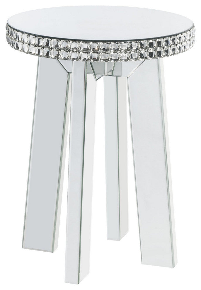 Benzara BM225900 Round Mirror Panel Inlay End Table, Faux Crystals Accent Silver