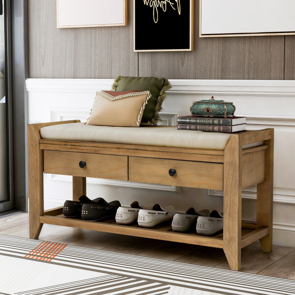 TATEUS 39" Entryway Storage Bench With Shoe Rack and Cushioned Seat, Old Pine
