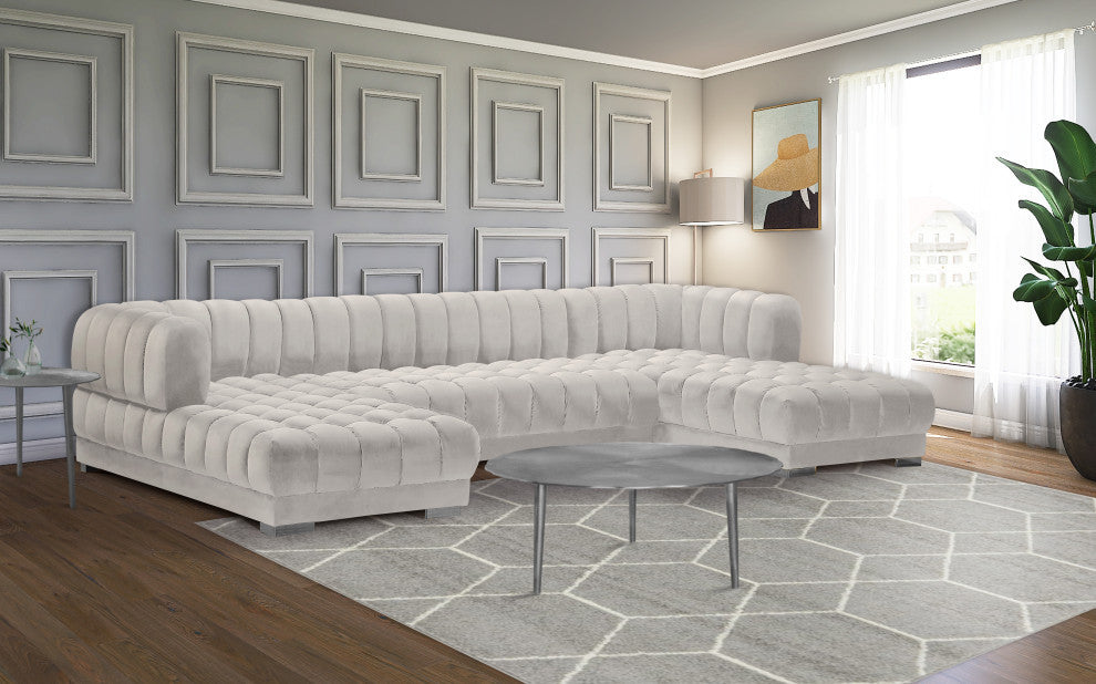 Gwen Biscuit Tufted Velvet Upholstered 3 Piece Sectional, Cream