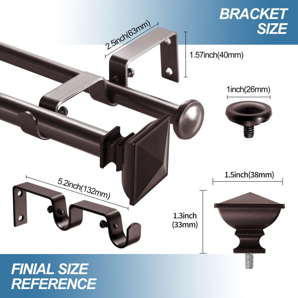 Square Urn Adjustable Double Curtain Rod Set, 5/8", Bronze, 28"-48"