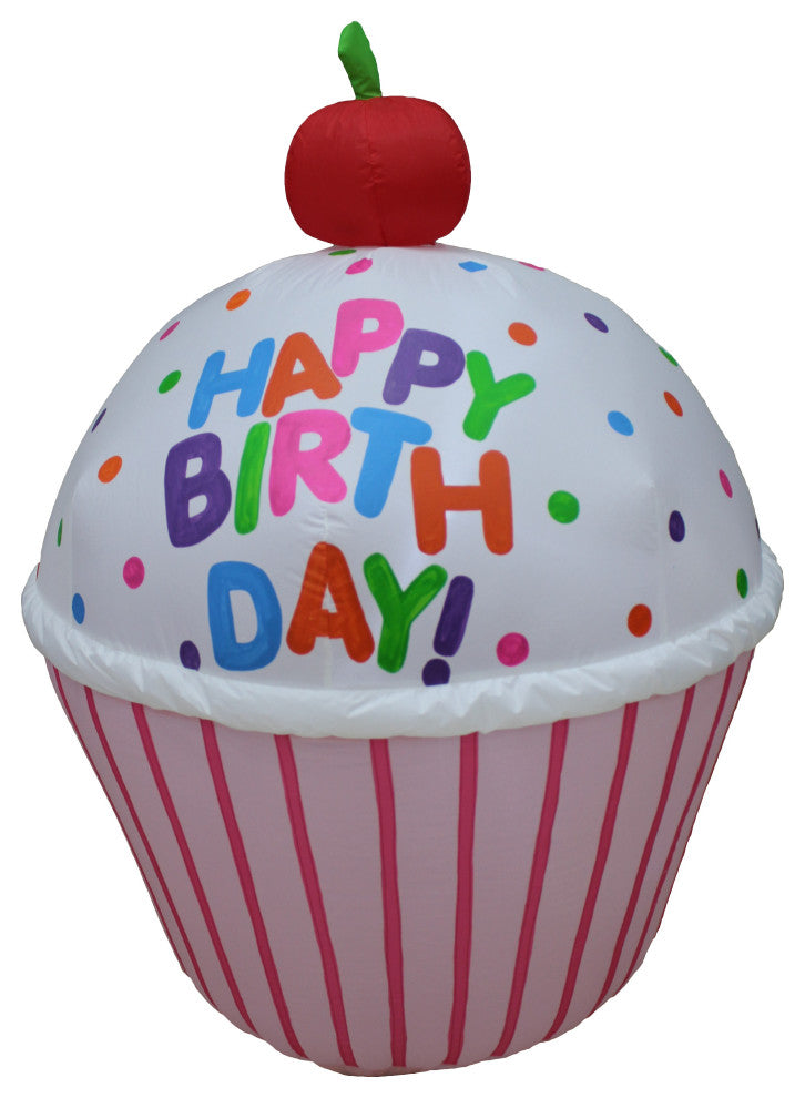 4' Tall Cute Happy Birthday Inflatable Cupcake and Cherry Lighted Decoration