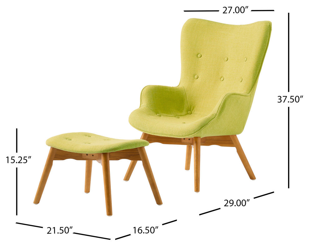 Hariata Mid-Century Modern Wingback Chair and Ottoman Set, Muted Green