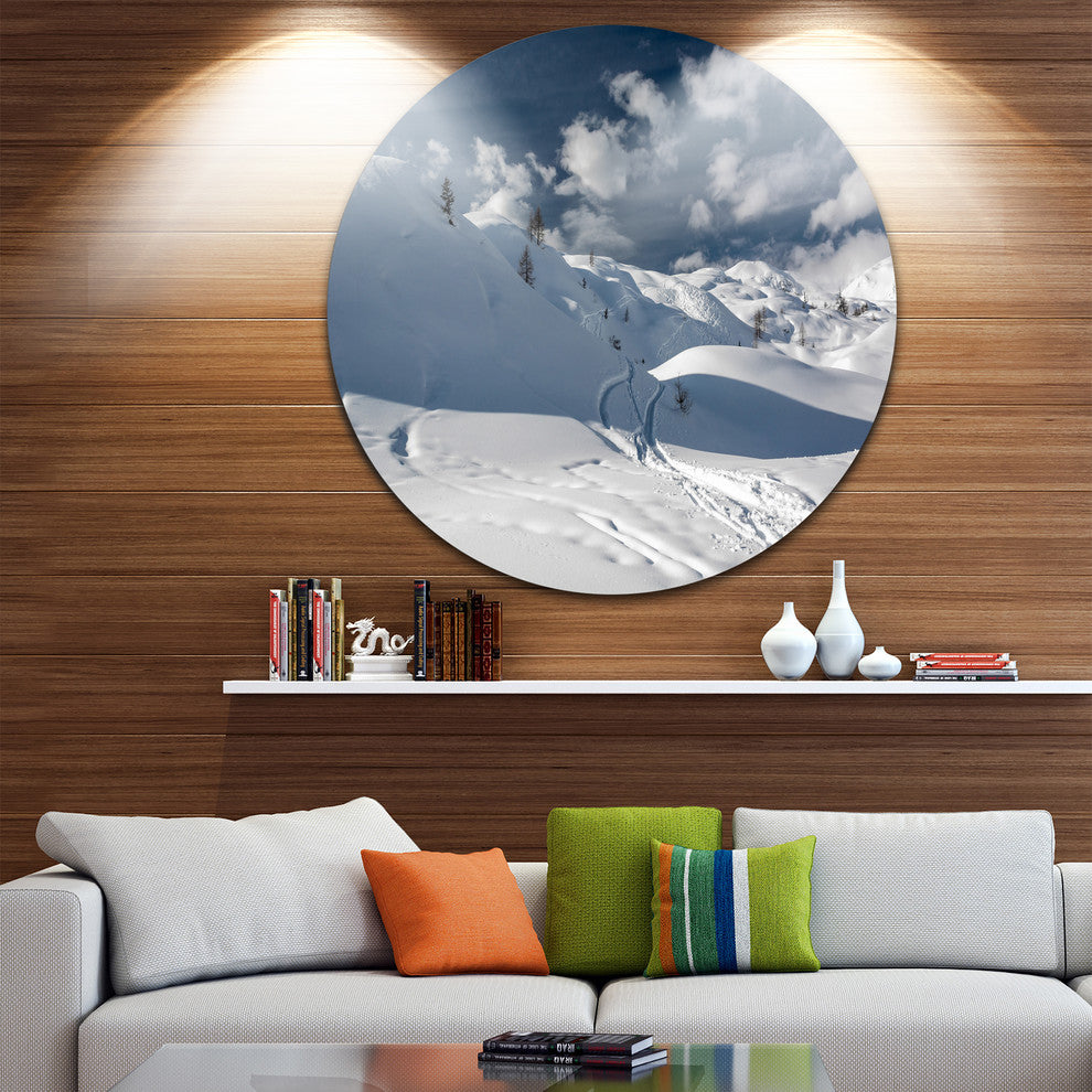 Ski Tracks On A Slope, Landscape Photo Disc Metal Wall Art, 11"