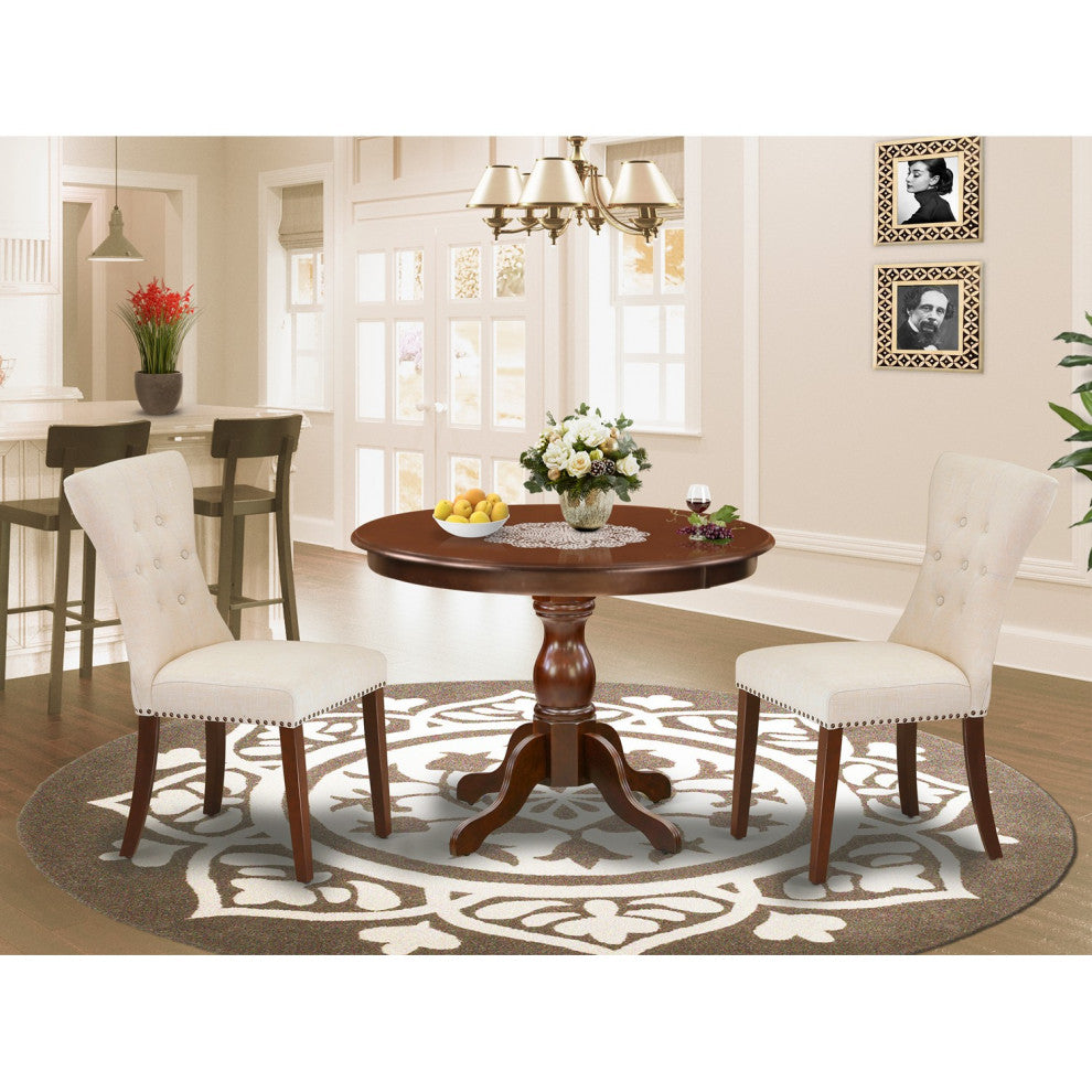 3Pc Kitchen Set, Mahogany Round Dining Table, 2 Light Beige Dining Chairs Back