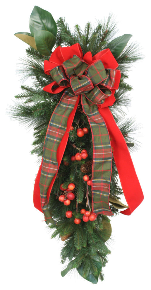 Pine Swag with Magnolia Foliage and Cherries and Christmas Plaid Ribbon