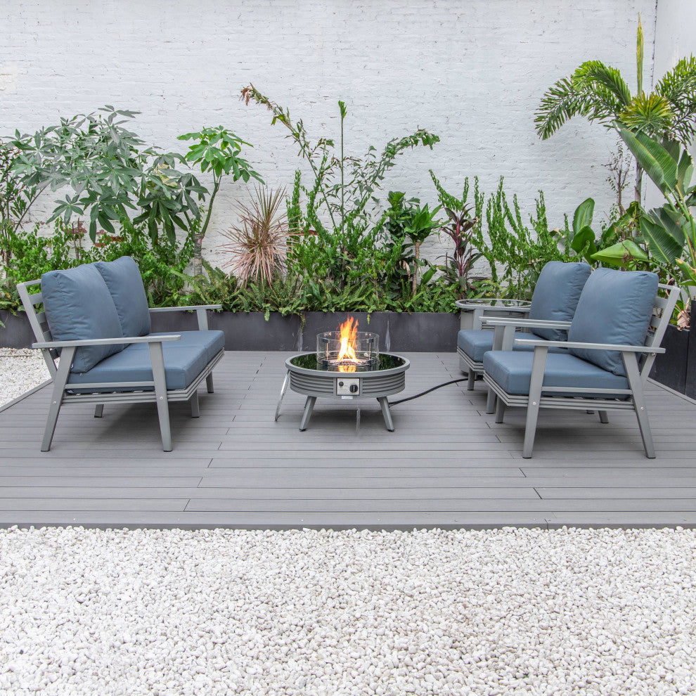 LeisureMod Walbrooke Patio Sofa Set With Round Fire Pit Table, Navy Blue