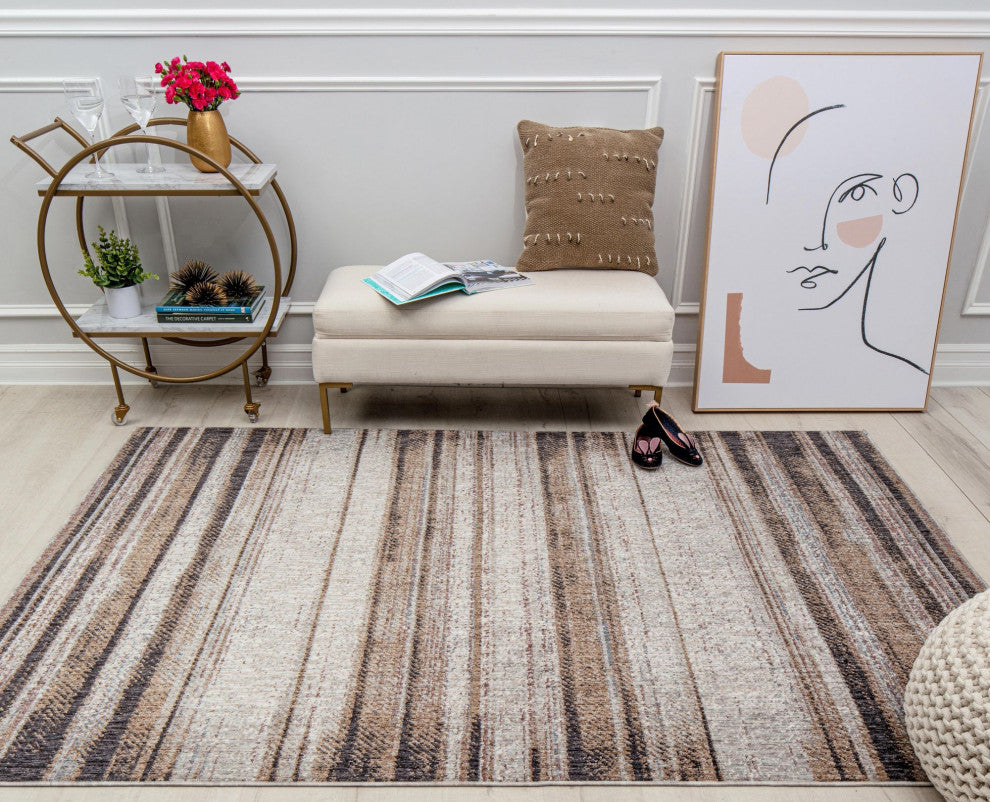 Jade Gazey Brown Stripe Contemporary Brown Recycled Area Rug, 2'6" X 4'