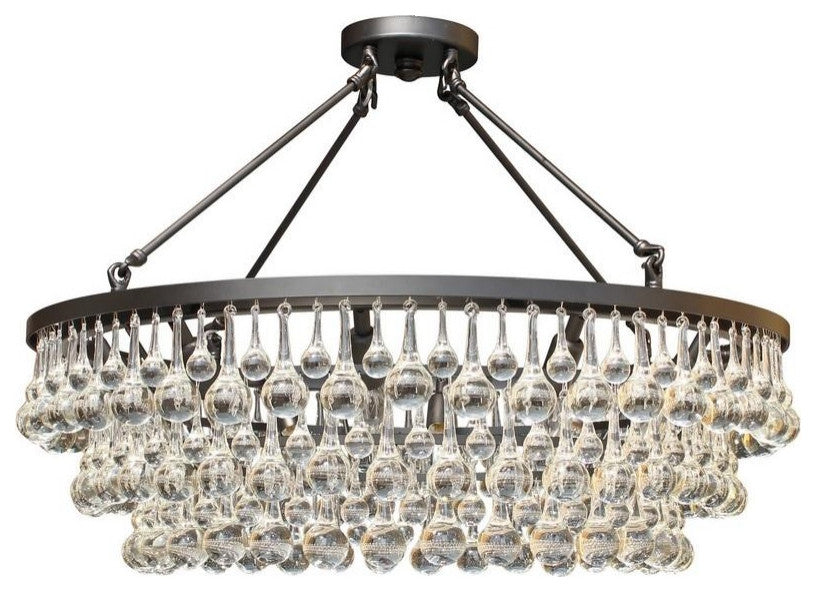 10-light Glass Crystal Chandelier, 32" Diameter, Hanging or Flush Mount, Black
