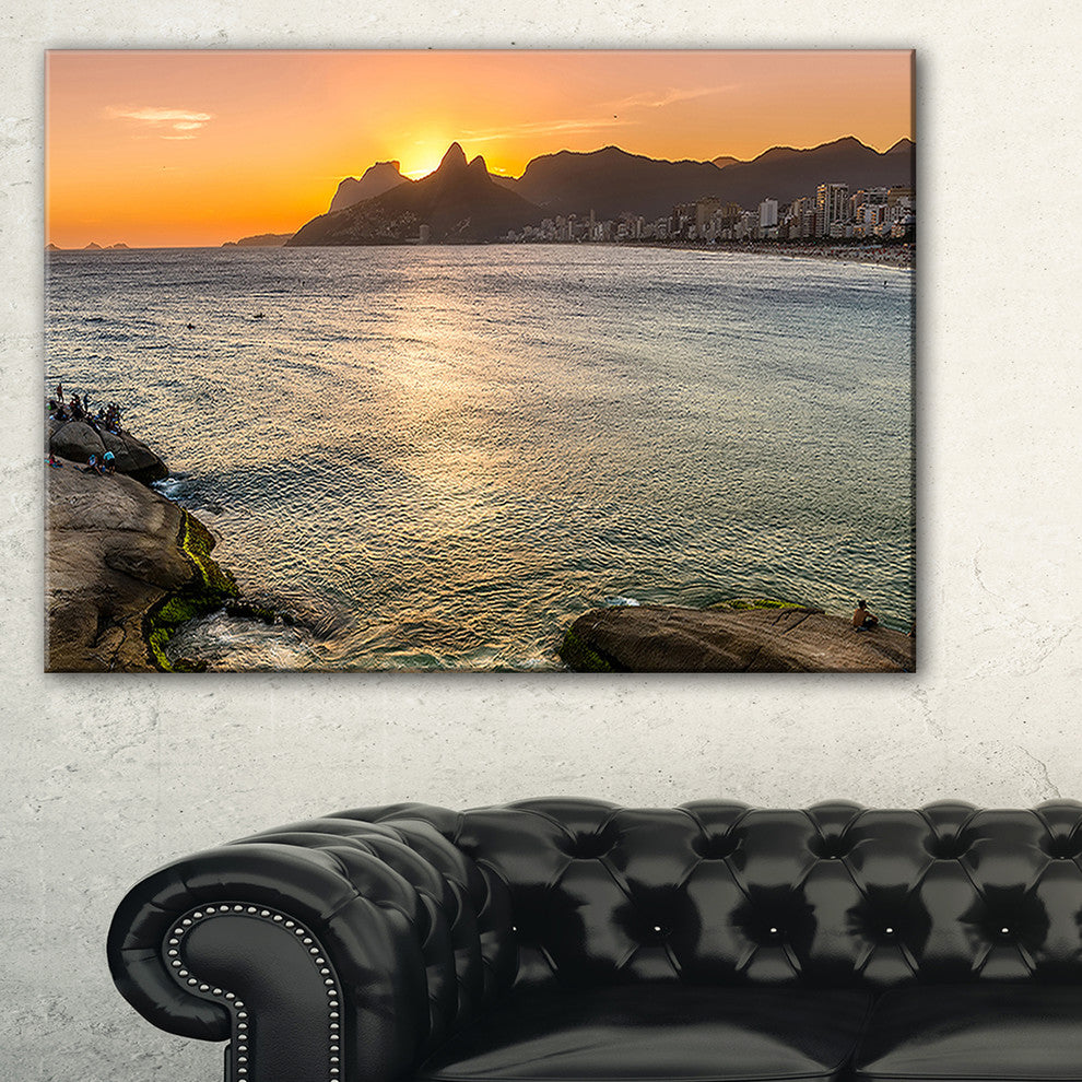"Ipanema in Rio De Janeiro Sunset" Seascape Art Canvas, 40"x20"