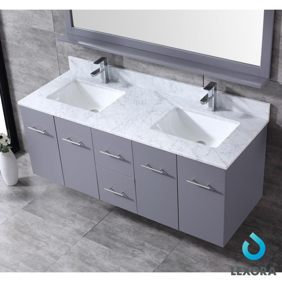 Amelie 60" Dark Grey Double Vanity Carrara Marble Top Sinks and 60" Wall Mirror