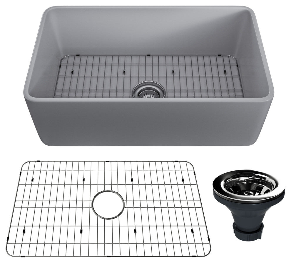 30in Single Bowl Farmhouse Apron Kitchen Sink with Bottom Grid and Strainers, 30