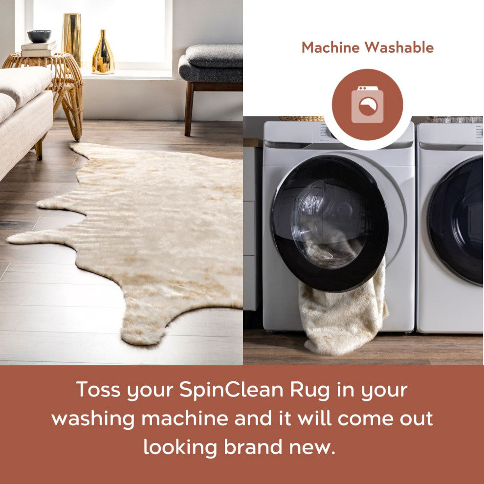 Nuloom Marcia Machine Washable Faux Cowhide Area Rug, Off White 5'x6'7"