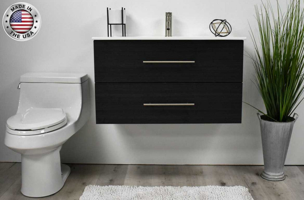 Napa 36" Modern Floating Bathroom Vanity With Ceramic Top and Round Handles, Black Ash