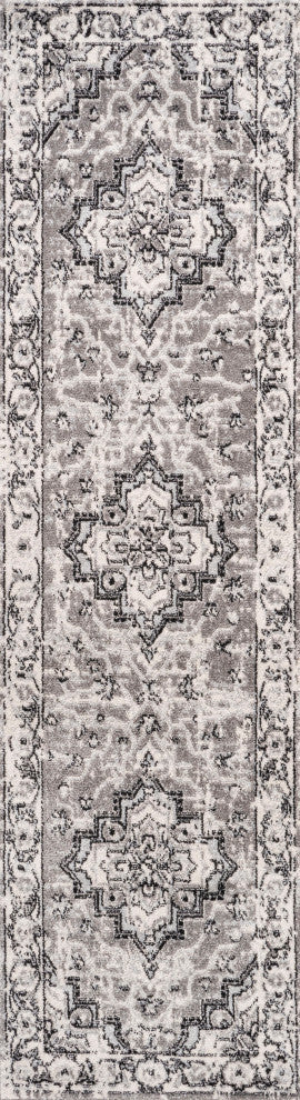 Denia Ornate Geometric Medallion Area Rug, Dark Gray, 2 X 8