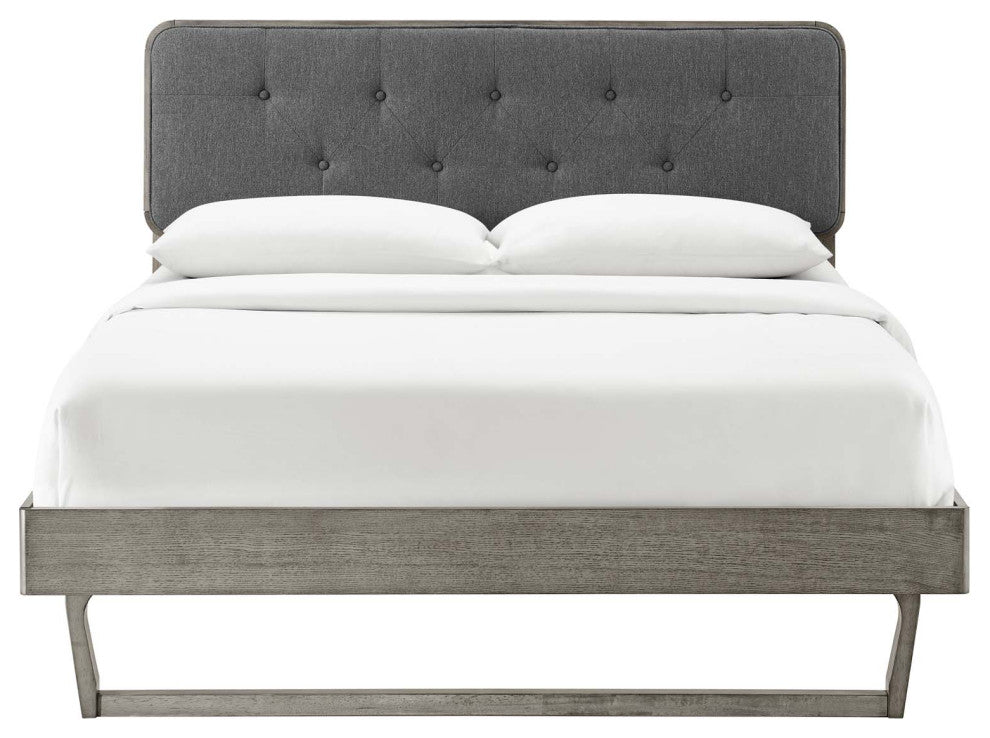 Platform Bed Frame, Queen Size, Fabric, Wood, Gray, Modern Mid-Century