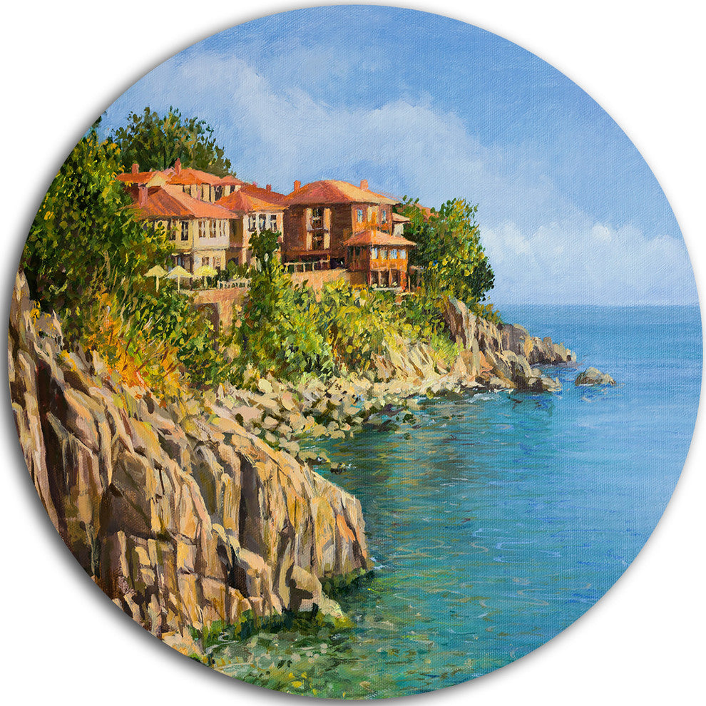 Blue Summer Sea, Landscape Painting Round Metal Wall Art, 11"
