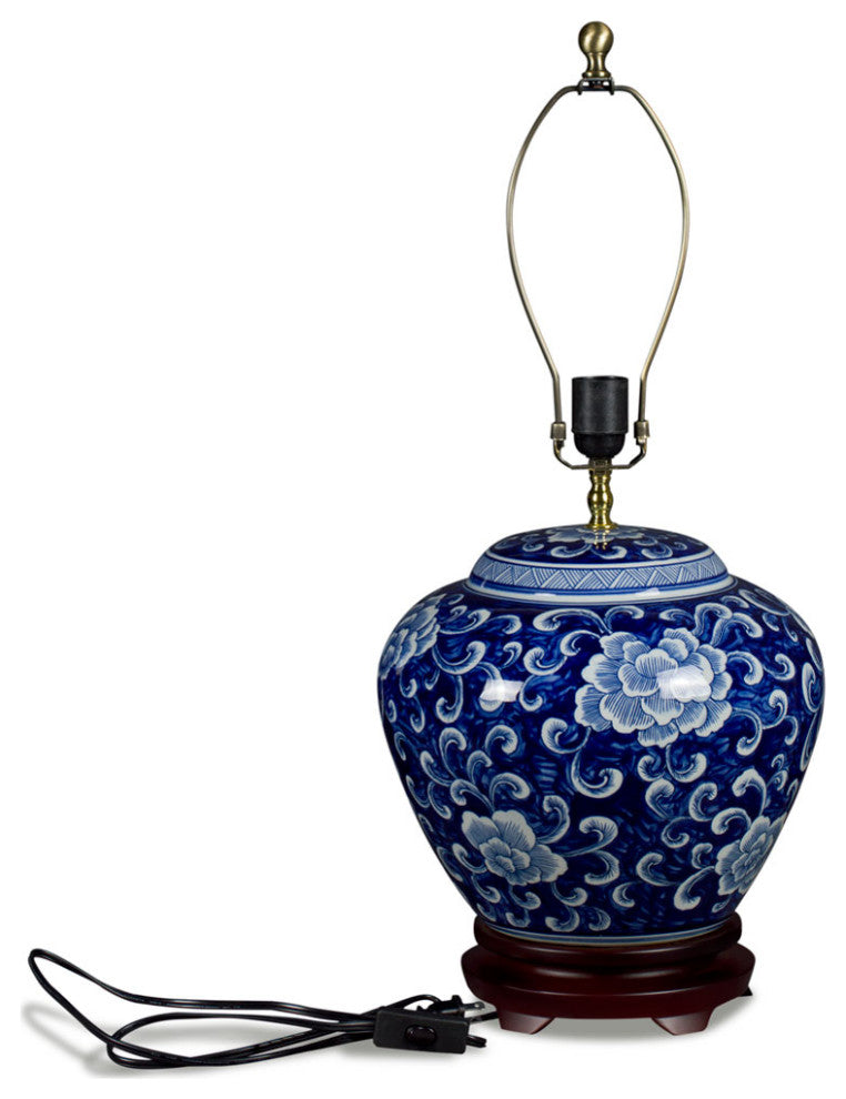 Blue and White Peony Motif Asian Porcelain Lamp