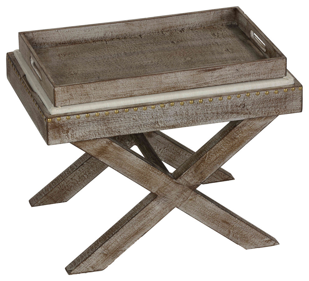 Cortesi Home Lupin Distressed Wood Tray Top Ottoman with Beige Fabric Top