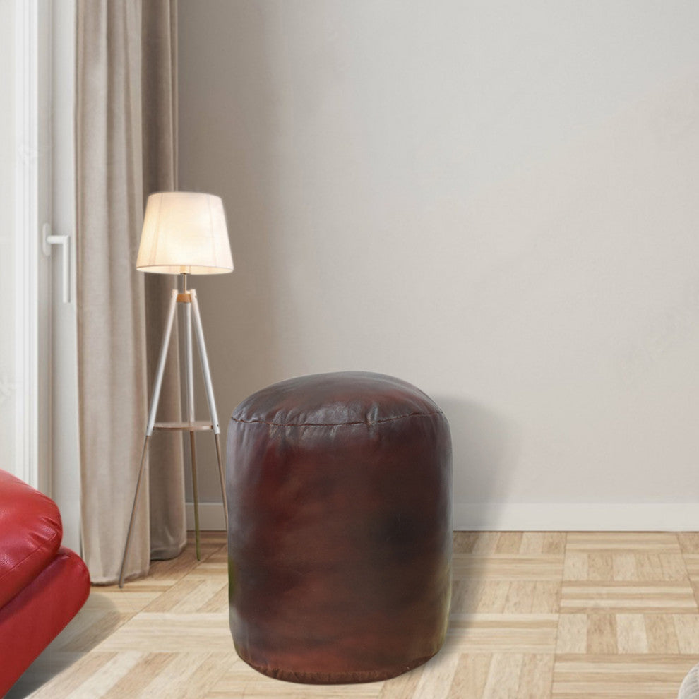 Pouf-Solid Handmade Leather Pouf (Recycled Foam with Fiber Fill), Cherry, [Round]14x14x14