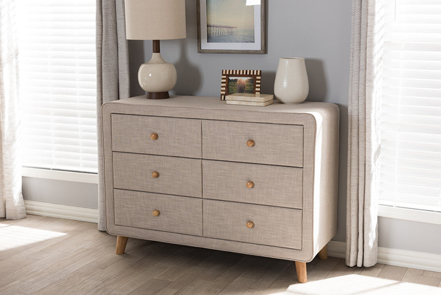 Jonesy Mid-Century Beige Linen Upholstered 6-Drawer Dresser