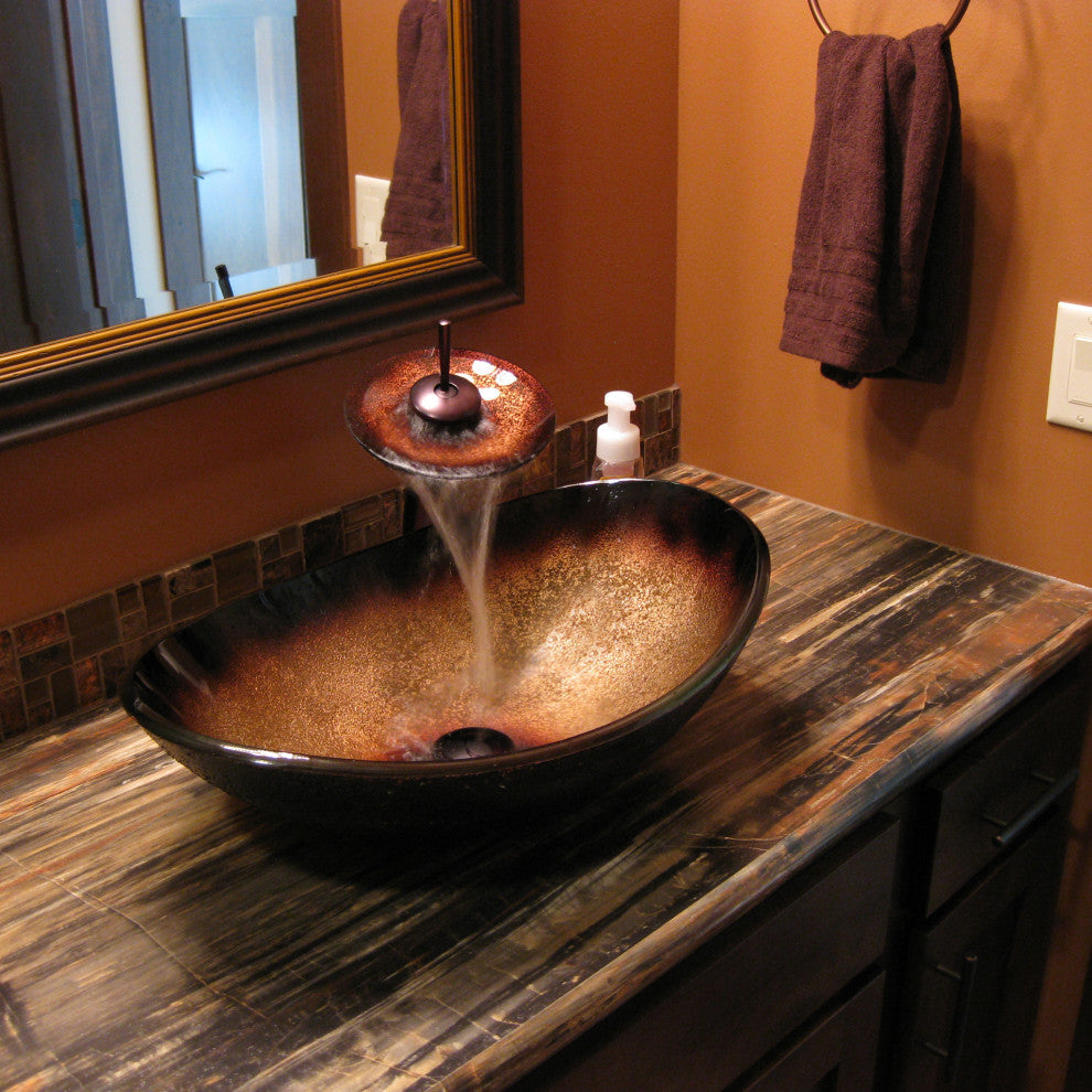 Novatto Rena Oval Glass Vessel Bathroom Sink Set, Matte Black