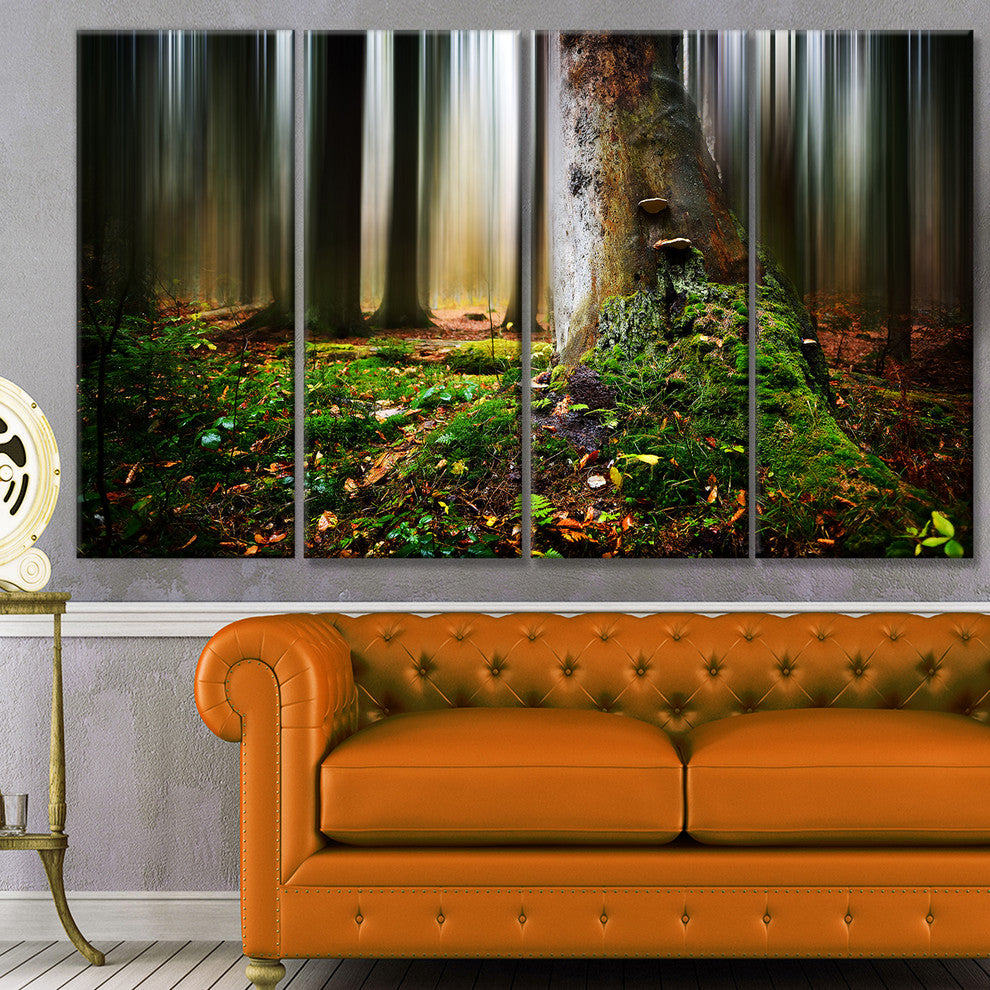Green Forest on Snowy Morning, Landscape Canvas Art Print, 48"x28", 4 Panels