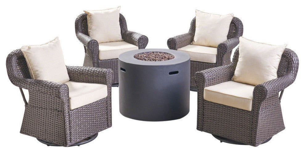 GDF Studio 4-Piece Harding Swivel Club Chair Set with Fire Pit, Dark Brown& Gray
