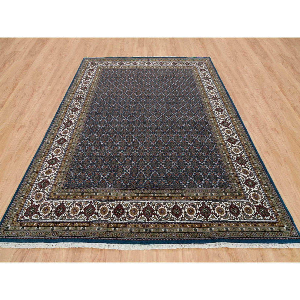 Mavericks Blue Herrita Design 100% Wool 175 KPSI Hand Knotted Rug, 8'x10'4"