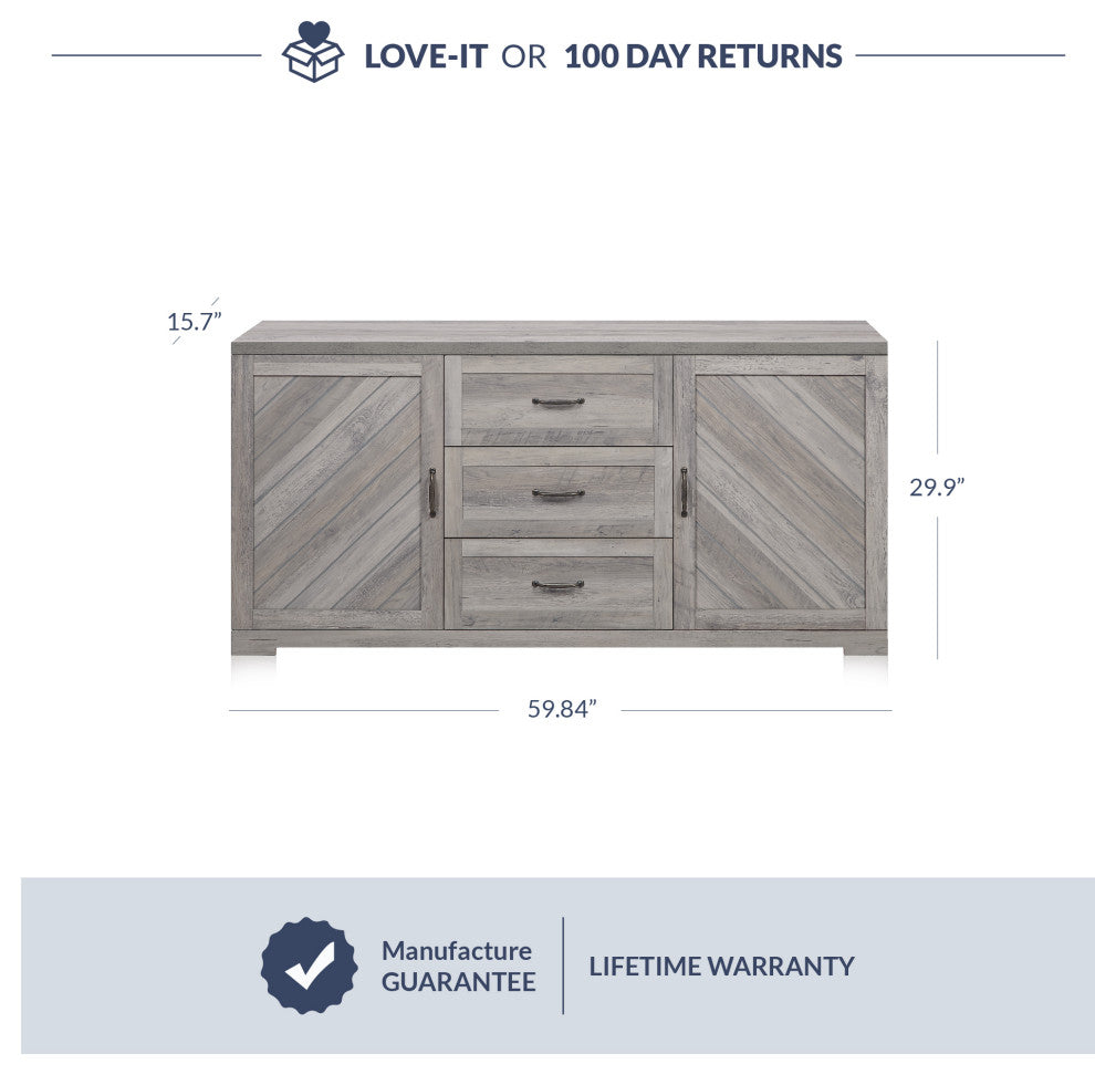 Sideboard, Console Table Or Buffet With Three Drawers & Four Shelves, Gray Wash