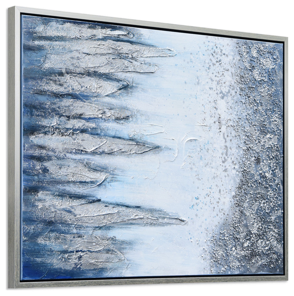Blue and White Abstract Canvas Icicles Textured Metallic Hand Painted Wall Art