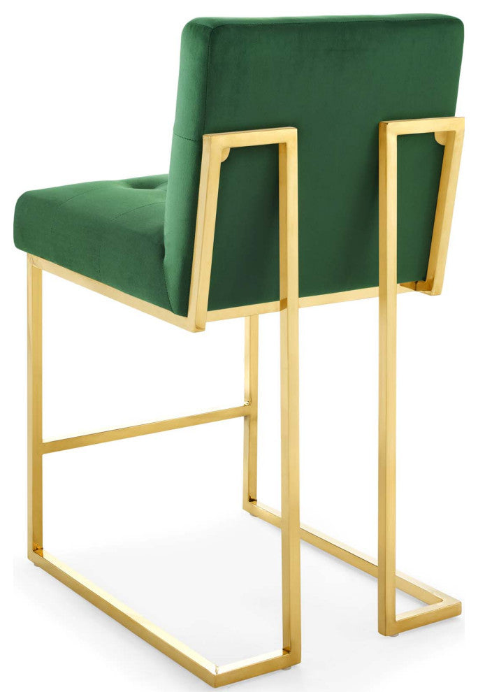 Counter Stool Chair, Set of 2, Velvet, Metal, Gold Green, Modern, Bar Pub Bistro