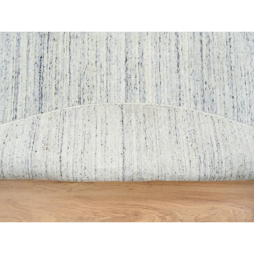 Ivory Hand Loomed Plain Modern Striped Design Organic Wool Round Rug, 10'x10'