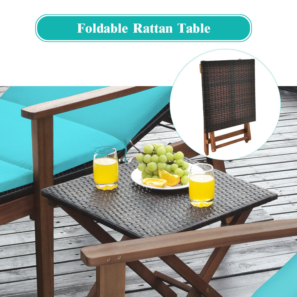 Costway 3PCS Patio Rattan Lounge Chair Folding Table Set Cushioned Turquoise