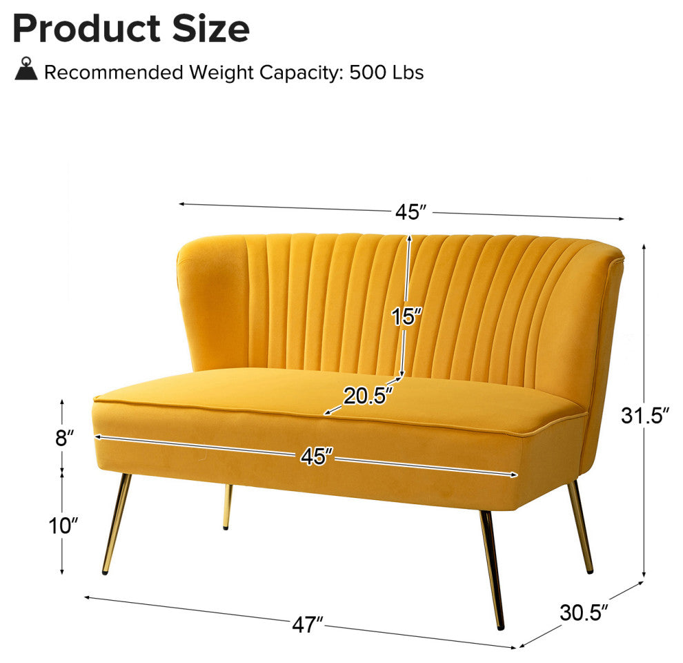 Velvet Tufted Loveseat Sofa With Golden Base, Mustard