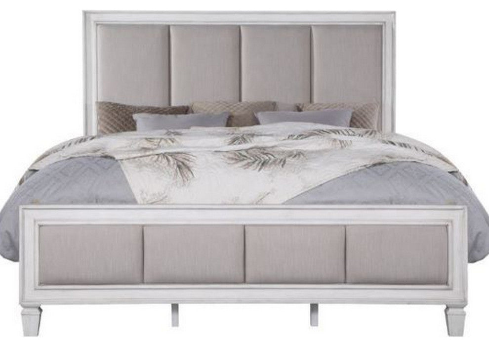 Benzara BM284019 Kate King Size Bed ChannelTufted, Gray Fabric, White Wood Frame