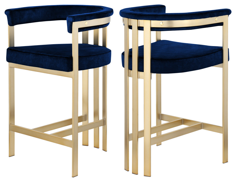 Marcello Upholstered Counter Stool, Navy, Velvet, Brushed Brass