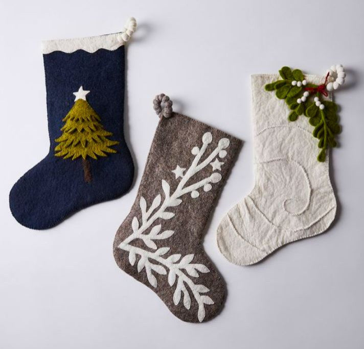 Hand Felted Wool Christmas Stocking, Tree on Navy Blue