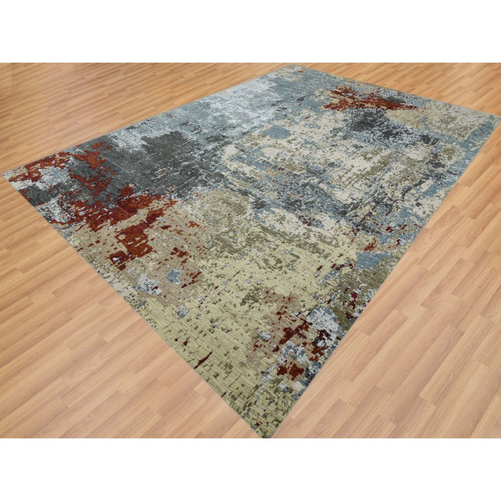 Bone Gray Natural Wool Hand Knotted Abstract Design Oriental Rug, 10'0"x14'2"