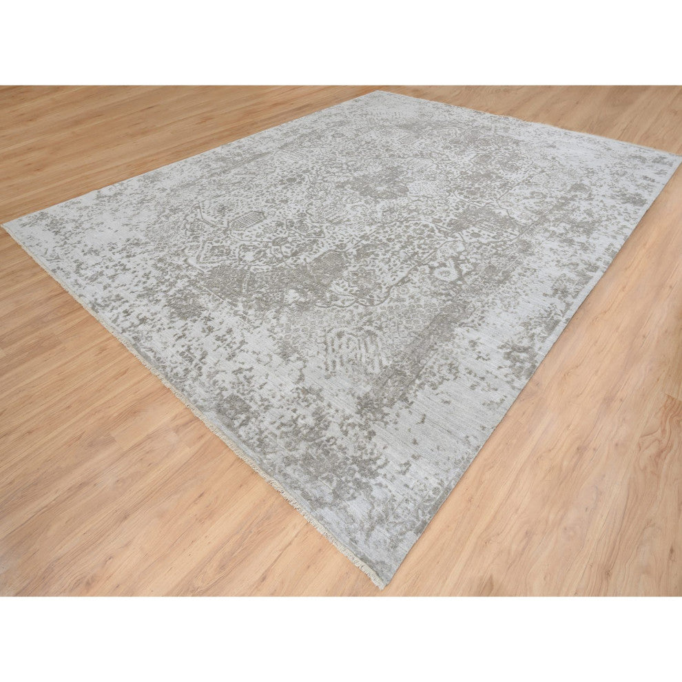 Gray Broken Persian Design Hand Knotted Wool and Silk Oversized Rug, 11'9"x15'