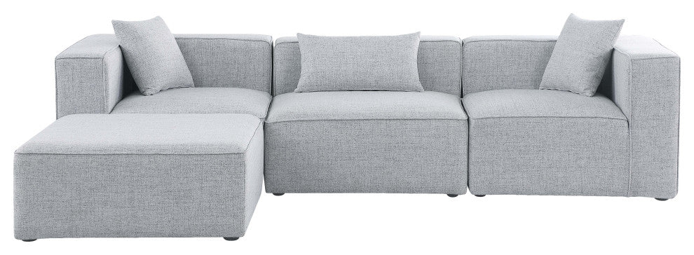 Cube Upholstered Modular Sectional, Gray, 4-Piece: 1 Armless Chair, 2 Corner Chair, 1 Ottoman, Linen Texured Fabric
