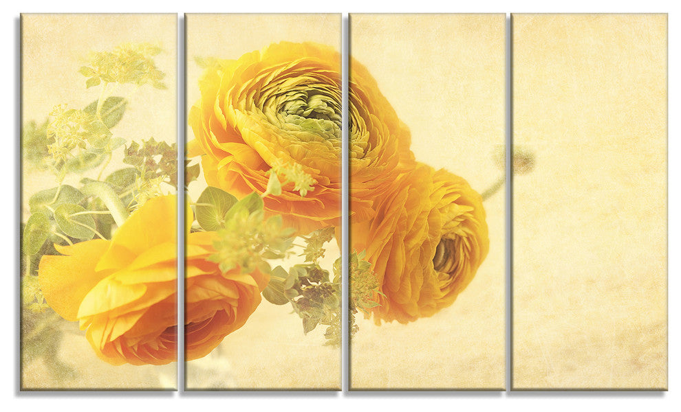 Bunch of Yellow Ranunculus Flowers, Floral Canvas Print, 48"x28", 4 Panels