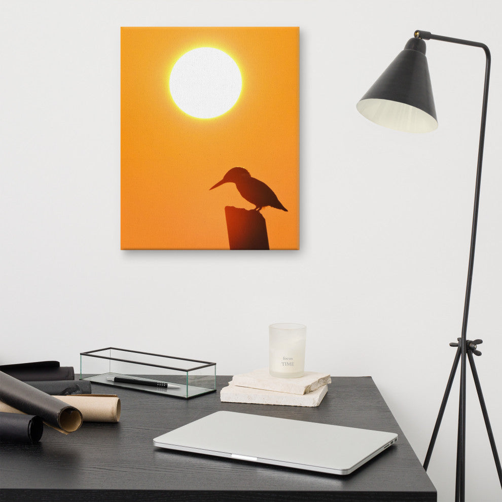 Kingfisher Bird Silhouette Sunset Animal Wildlife Photo Canvas Wall Art Prints, 16" X 20"